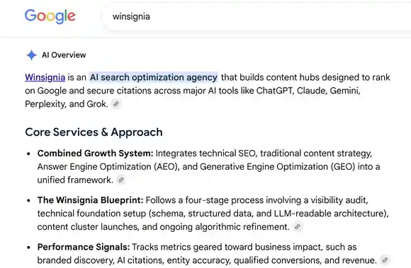 Google AI Overview for the query winsignia describing Winsignia as an AI search optimization agency and listing its core services and performance signals
