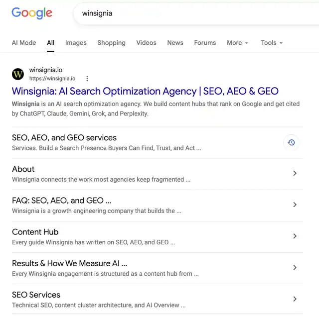 Google search result for winsignia showing sitelinks to Services, About, FAQ, Content Hub, Results and SEO Services